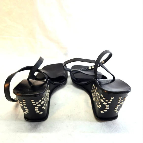 90s Vintage DOLCE & GABANNA Women's 40 Black Studded Wedge Square Toe Sandals